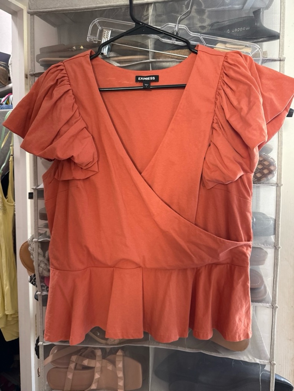 Express Rust Orange Ruffle Sleeve Wrap Peplum Top